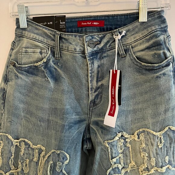 Smoke Rise Red Jeans Size 5/26 Denim Acid Wash Mid Rise Flare Curvy Fit Wide Leg - Picture 2 of 12